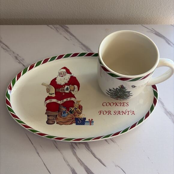 Spode COOKIES FOR SANTA Earthenware Tray/Plate + Mug/Cup Christmas Holiday Set - Picture 1 of 16